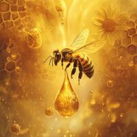 A majestic bee hovering over a golden droplet of honey suspended in mid-air, with the honey glowing softly as if infused with sunlight photo