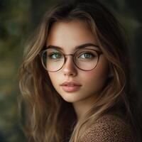 A portrait of a beautiful girl wearing glasses, with soft, natural lighting that highlights her features photo