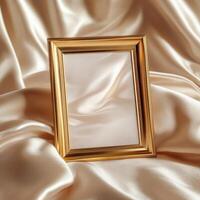 Elegant golden frame placed on soft satin fabric in a quiet setting for decorative purposes photo