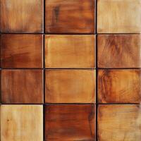 Unique wooden tiles arranged in a geometric pattern showcasing warm brown tones and texture in a detailed layout photo