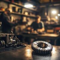 Close-up of a metal gear in a workshop on a table photo