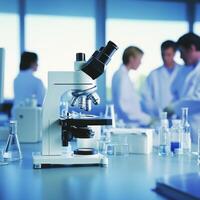 Scientists working in a laboratory with a microscope and various glassware during a research project photo