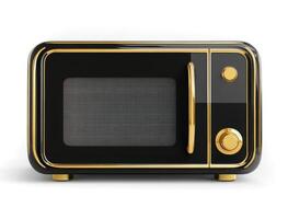Retro-style black microwave with golden accents on white background photo