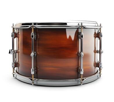 Close-up of a wooden snare drum with chrome hardware photo