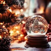 Christmas snow globe with festive tree and lights photo