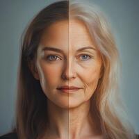 Split portrait of young and old woman showing aging transition photo