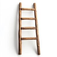 Rustic wooden ladder leaning against white background photo