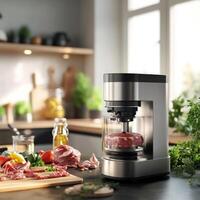 Modern meat grinder on kitchen counter with fresh ingredients photo