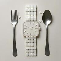 a wristwatch made out of pills next to a fork and spoon. The concept of treatment with pills. photo