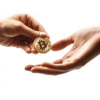 Hands exchanging a bitcoin symbolizing digital currency transactions in modern economy photo