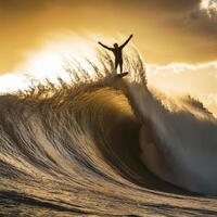 Surfer balancing on a massive wave during sunset photo