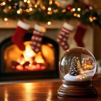 A Christmas snow globe placed in the foreground, with a softly blurred Christmas fireplace in the background photo