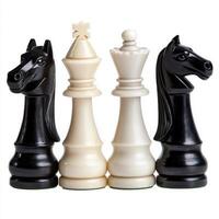 Chess pieces of knights, queen, and king on white background photo