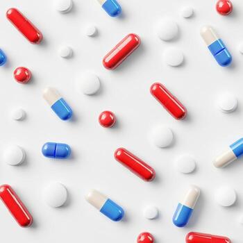 Medicine capsules and tablets pattern on light background photo