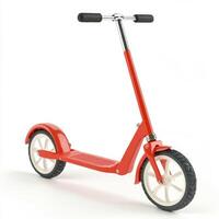 Red children's scooter with white wheels on white background photo
