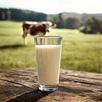 concept featuring a clean, crystal-clear glass filled with fresh milk, placed on a rustic wooden table photo