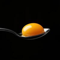 A close-up shot of a raw egg yolk resting in a spoon, isolated on a dark black background photo