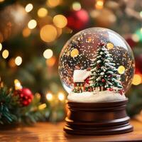 A Christmas snow globe in the foreground, with a festive holiday background blurred out photo