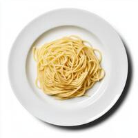 Plate of plain cooked spaghetti on white background photo