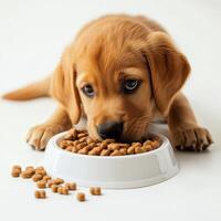 dog eating food on a white background photo