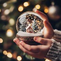 Hands holding a snow globe with a Christmas scene inside. photo
