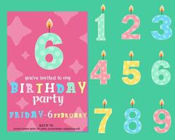 Birthday party invitation card with kid's age numbers. Colorful template for birthday celebration event. vector