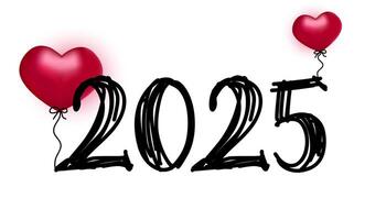 2025 lettering isolated on white background. Hand-drawn numbers 2025 decorated with bright 3D hearts. New Year design concept. vector