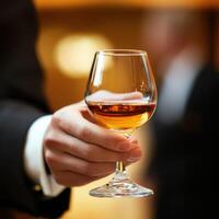 A glass of cognac held elegantly in the hand of a businessperson, with a polished and confident demeanor photo