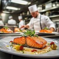 A beautifully plated red salmon dish in a high-end restaurant kitchen, with a skilled chef in the background, blurred but focused on the dish photo