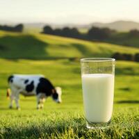closeup glass of milk and cow in the background of a farm photo