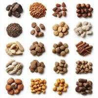 different types of dog and cat food on a white background photo