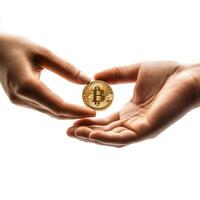 A close-up of one hand giving Bitcoin coins to another hand, isolated on a clean white background photo