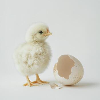 A close-up of a fluffy baby chicken standing next to a broken eggshell, isolated on a clean white background photo