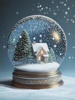 A snow globe with a house and Christmas tree inside, set against a blue background. photo