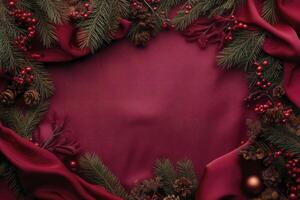 A red background with a red fabric and green leaves photo