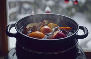 A pot of fruit is simmering on a stove. The fruit includes apples and oranges. The pot is black and the fruit is orange photo