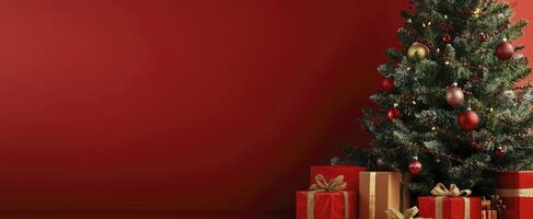 A large Christmas tree with a star on top and many red ornaments. Boxes of gifts are placed around the tree photo