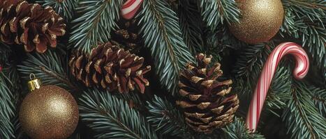 A Christmas tree with a candy cane ornament hanging from it photo