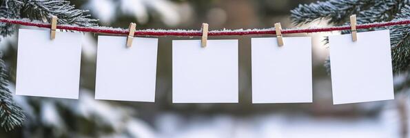Four white clothespins hanging on a line. The clothespins are empty and the line is red photo