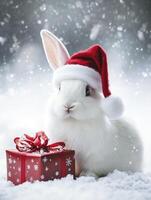 A white rabbit wearing a red hat and sitting next to a red box. The rabbit is holding a red ribbon in its mouth photo