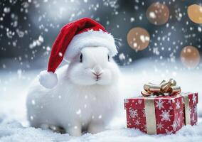 A white rabbit wearing a red hat and sitting next to a red box. The rabbit is holding a red ribbon in its mouth photo