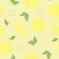 Seamless pattern with hand drawn lemon slice on yellow background. Fresh organic fruit, healthy, vegan, raw food. vector