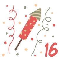 Advent-Christmas calendar, a firecracker with streamers and confetti. A greeting card for printing. Illustration. vector