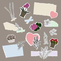 Elements for paper cutting, for scrapbooking. A botanical collage with torn pieces of paper, doodles, branches with leaves and flowers. A set collages. vector