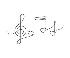 Music treble clef and notes in form heart, continuous one art line drawing. Music with love. Hand drawn doodle sketch illustration vector
