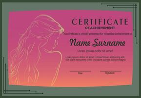 Certificate template in brown color with green frame and woman silhouette vector