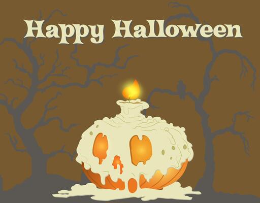 Halloween pumpkin with burning candle and silhouettes of scary trees