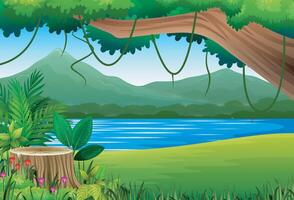 Beautiful forest scene with river and mountain background vector