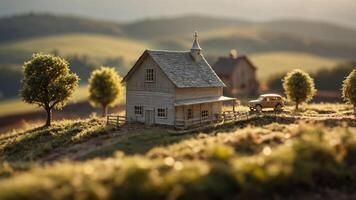 A miniature house on a hillside with trees and a vintage car, capturing rural tranquility. photo