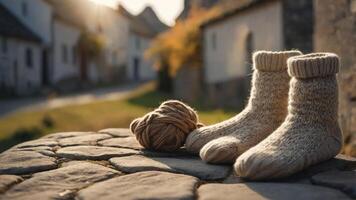 Cozy knitted socks and a yarn ball on a stone surface, set in a serene village backdrop. photo